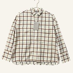 Everlane Boxy Flannel Button Down Shirt NWT Size XS Cream Brown Plaid Cozy